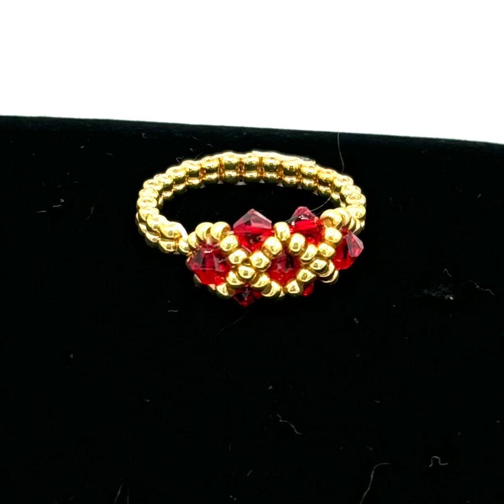 Hand Crafted Beaded Czech Crystal Ring Red Gold
